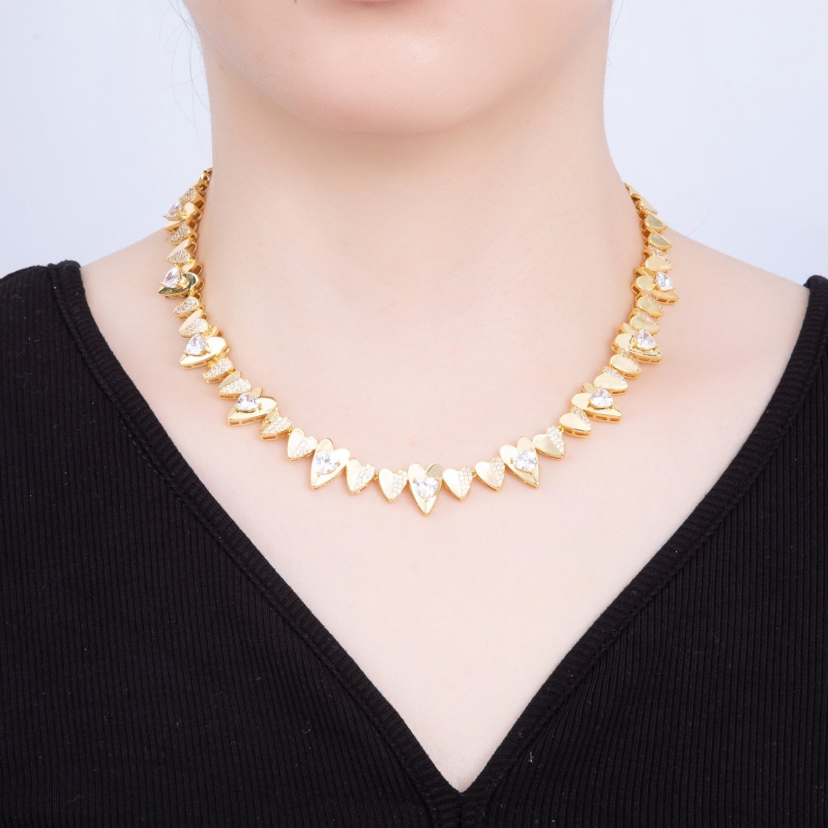 16K Gold Filled Micro Paved CZ Heart Geometric Chain 17 Inch Necklace | WA-04268