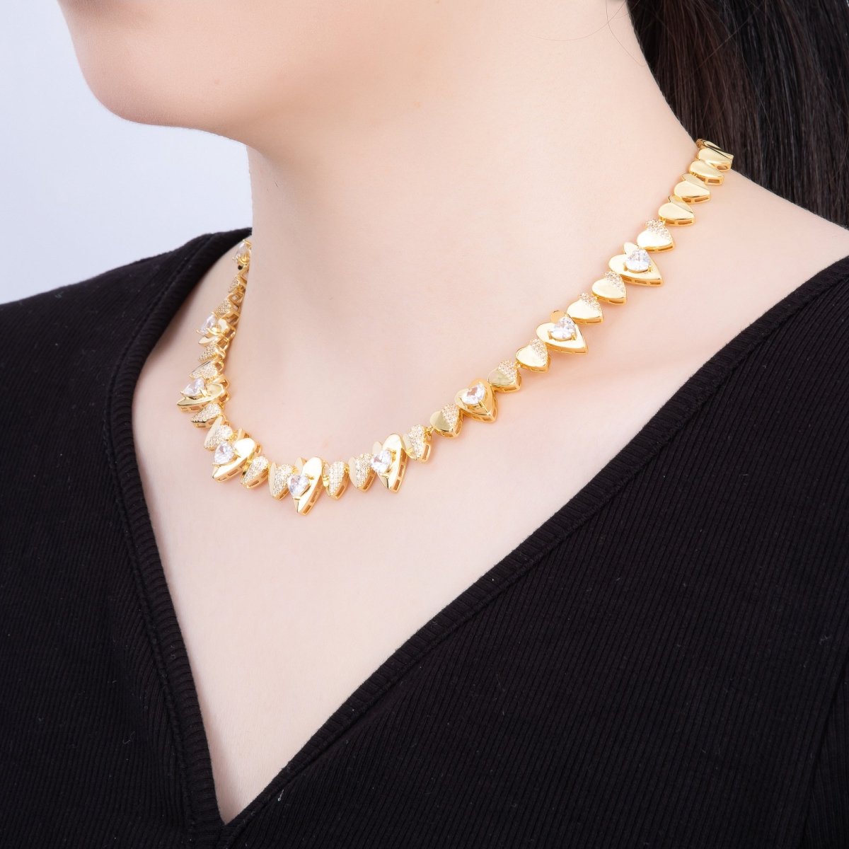 16K Gold Filled Micro Paved CZ Heart Geometric Chain 17 Inch Necklace | WA-04268