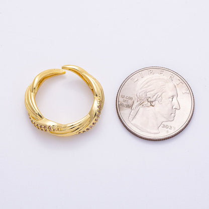 16K Gold Filled Micro Paved CZ Line Textured Ribbed Croissant Ring | Rings-00071