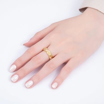 16K Gold Filled Micro Paved CZ Line Textured Ribbed Croissant Ring | Rings-00071