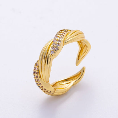16K Gold Filled Micro Paved CZ Line Textured Ribbed Croissant Ring | Rings-00071
