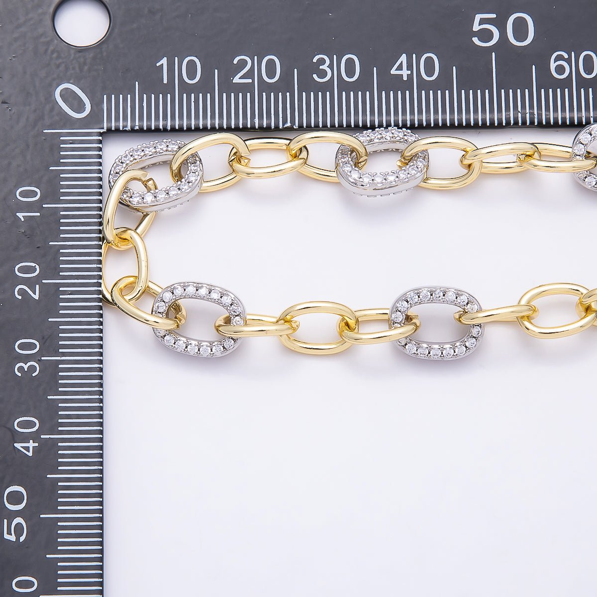 16K Gold Filled Micro Paved CZ Mixed Metal Cable Unfinished Chain by Yard | Roll-01874
