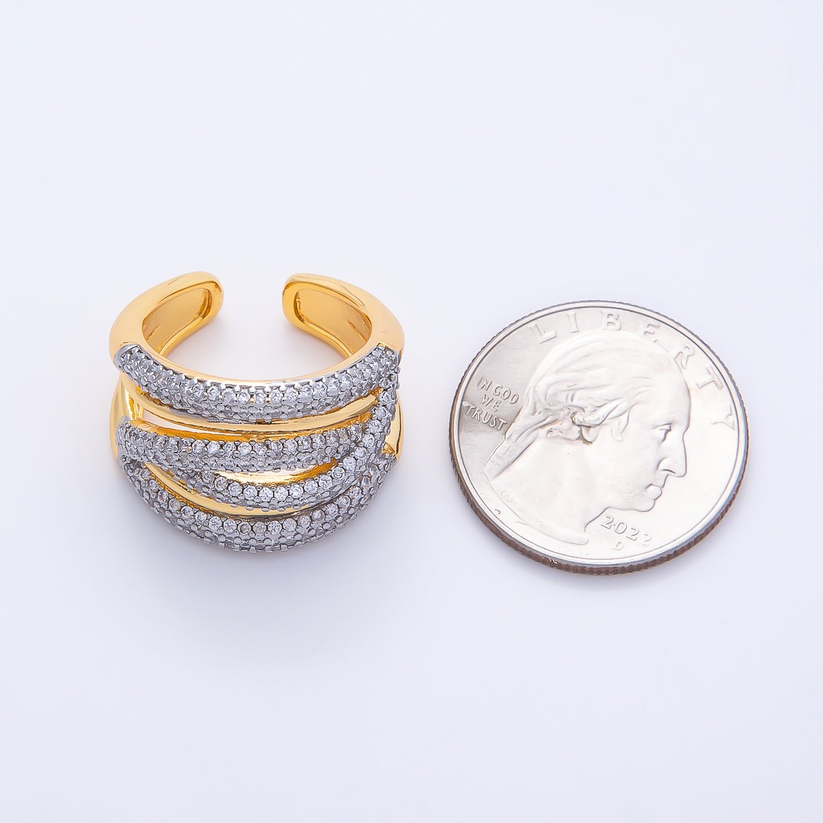 16K Gold Filled Micro Paved CZ Mixed Metal Wide Multiband Ring | Rings-00266