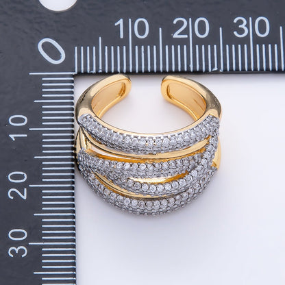 16K Gold Filled Micro Paved CZ Mixed Metal Wide Multiband Ring | Rings-00266
