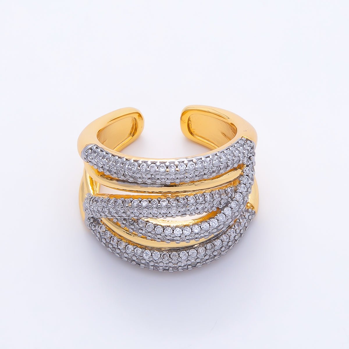 16K Gold Filled Micro Paved CZ Mixed Metal Wide Multiband Ring | Rings-00266