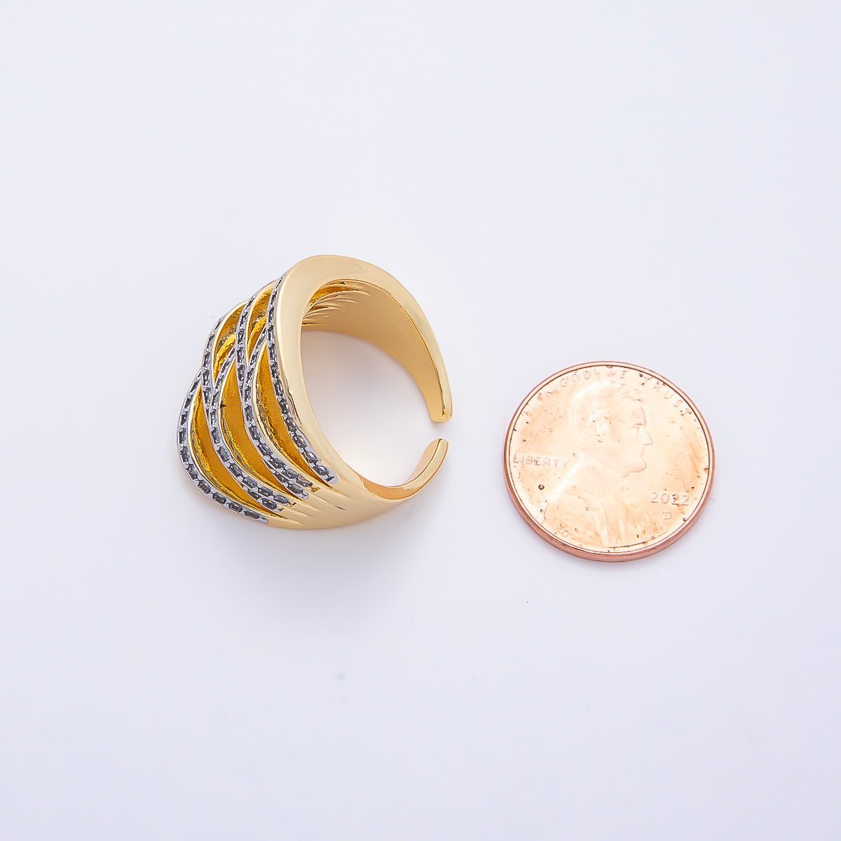 16K Gold Filled Micro Paved CZ Multiple Band Knot Wide Mixed Metal Ring | Rings-00265