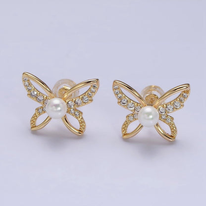 16K Gold Filled Micro Paved CZ Pearl Butterfly Mariposa Stud Earrings | AD1251 AD3495