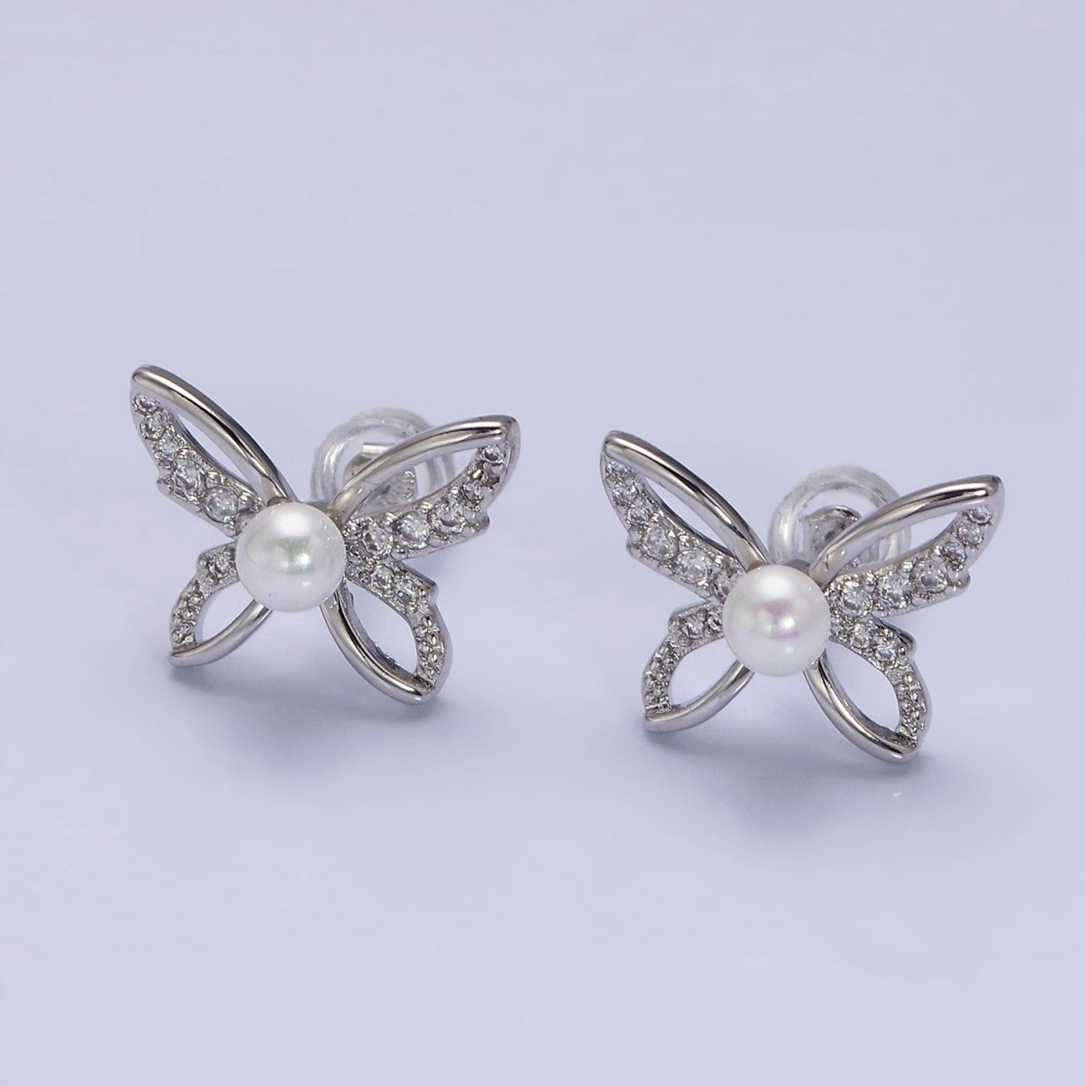 16K Gold Filled Micro Paved CZ Pearl Butterfly Mariposa Stud Earrings | AD1251 AD3495