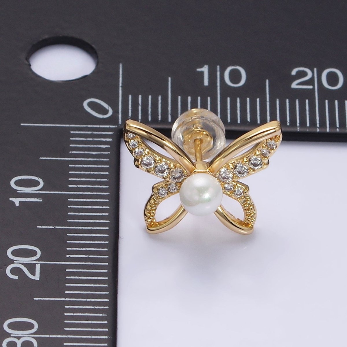 16K Gold Filled Micro Paved CZ Pearl Butterfly Mariposa Stud Earrings | AD1251 AD3495