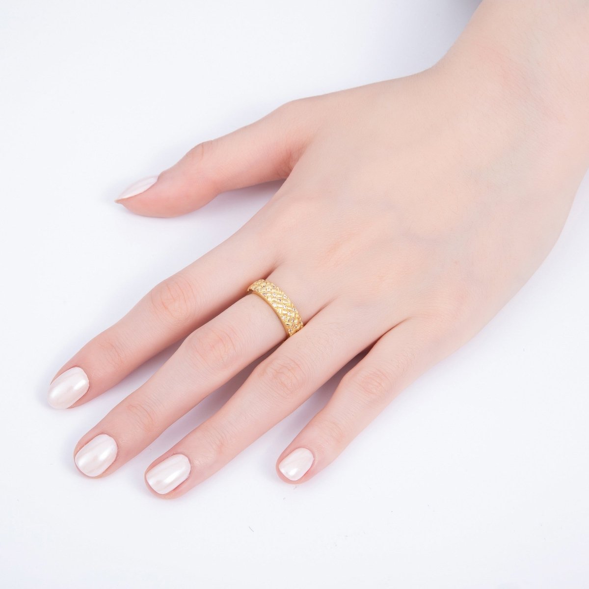 16K Gold Filled Micro Paved CZ Ribbed Line-Textured Woven Ring | Rings-00072