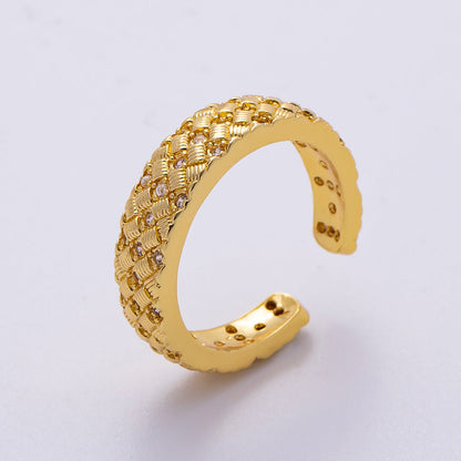 16K Gold Filled Micro Paved CZ Ribbed Line-Textured Woven Ring | Rings-00072