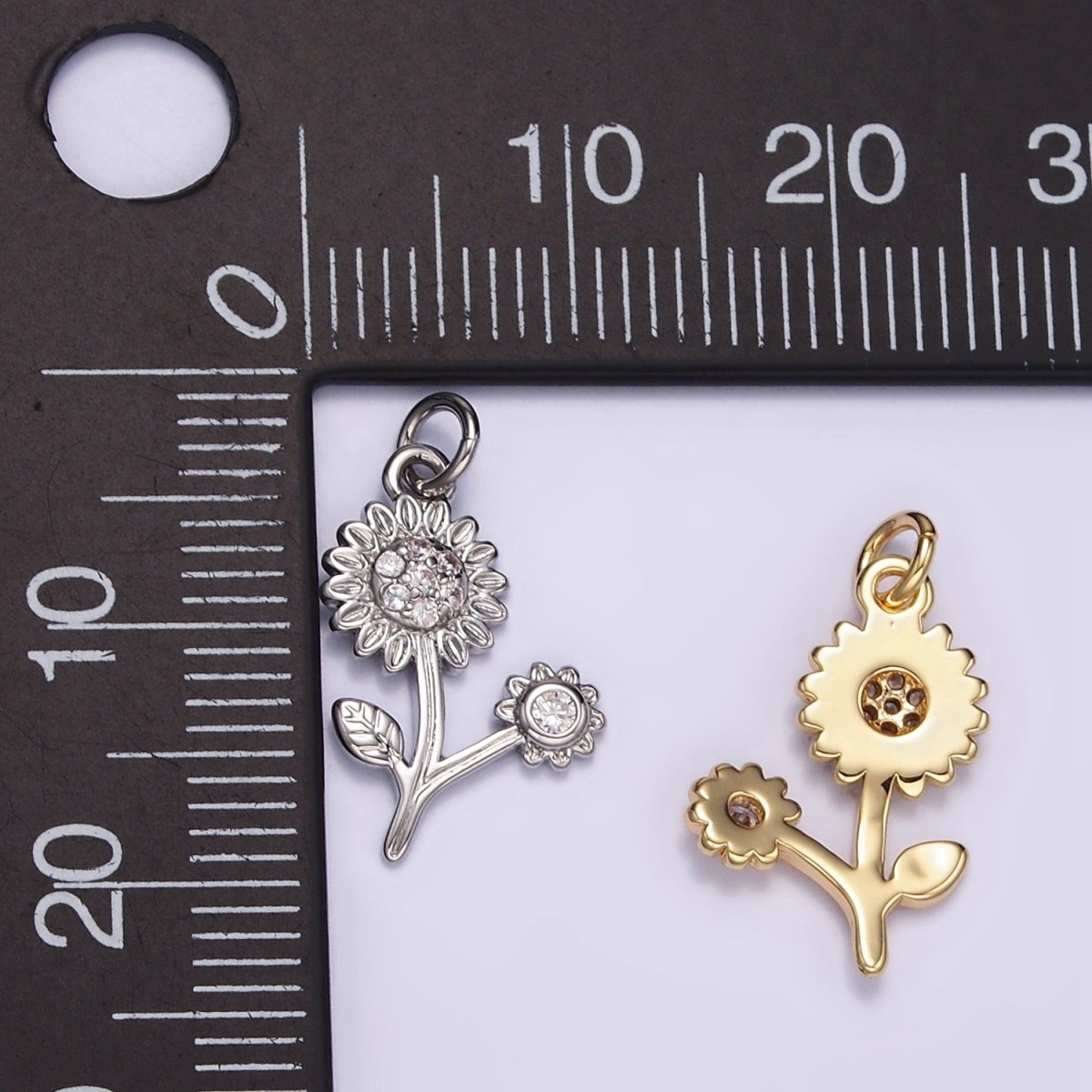 16K Gold Filled 16mm Micro Paved CZ Sunflower Charm in Gold &amp; Silver | M117