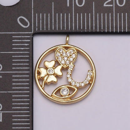 16K Gold Filled Micro Paved Micro Paved CZ Heart Horseshoe Clover Evil Eye Round Open Charm  N-176