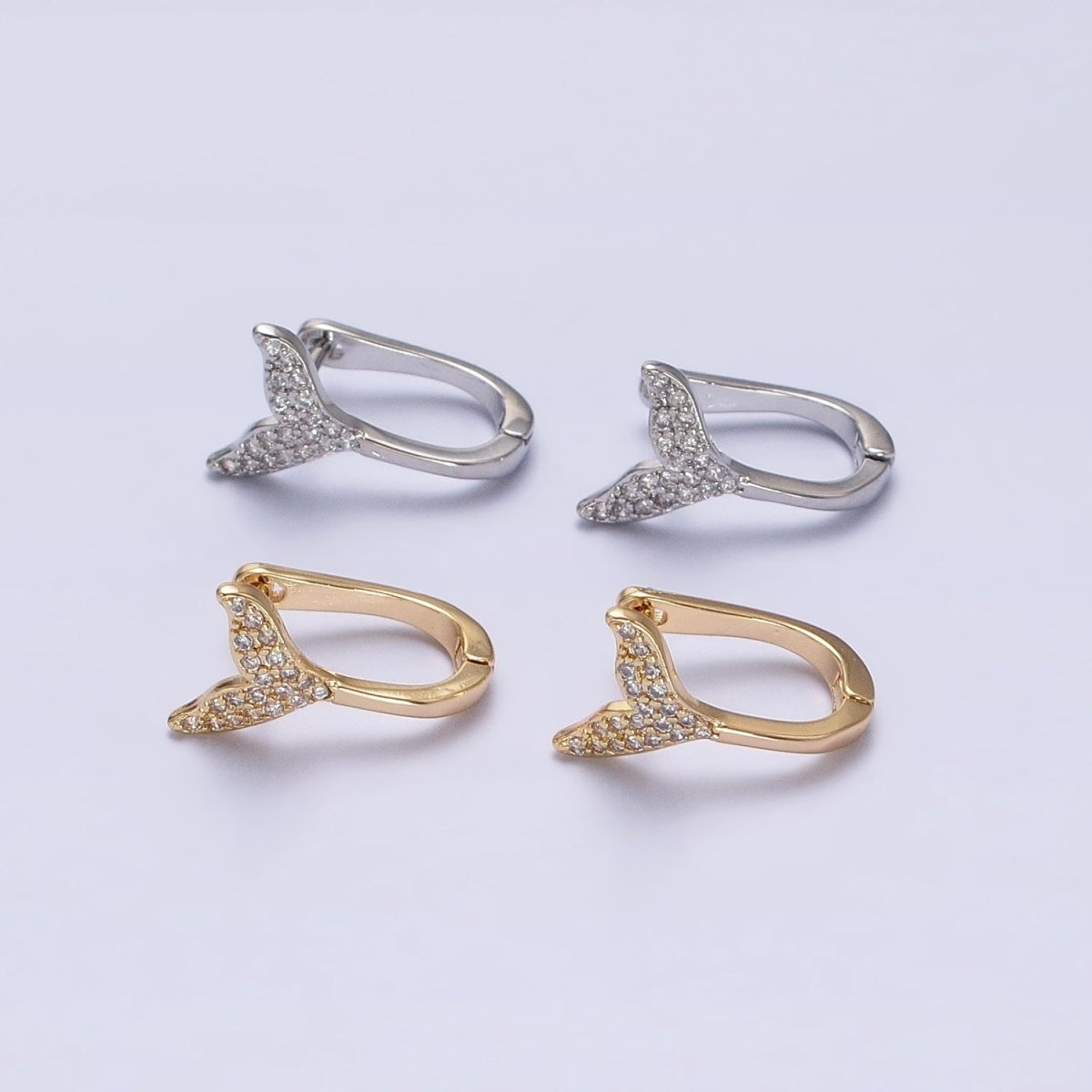 16K Gold Filled Micro Paved Ocean Tail 13mm English Lock Earrings in Gold &amp; Silver | AB1491 AB1492
