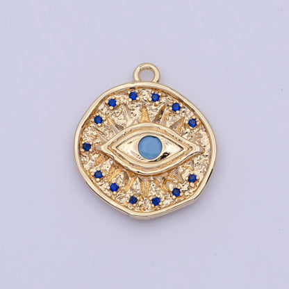 16K Gold Filled Micro Paved Textured Turquoise Evil Eye Coin Charm AG-138