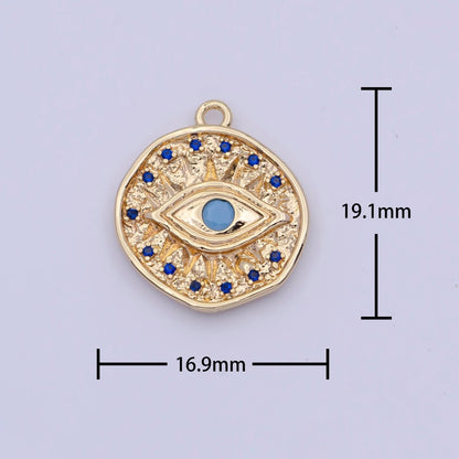 16K Gold Filled Micro Paved Textured Turquoise Evil Eye Coin Charm AG-138