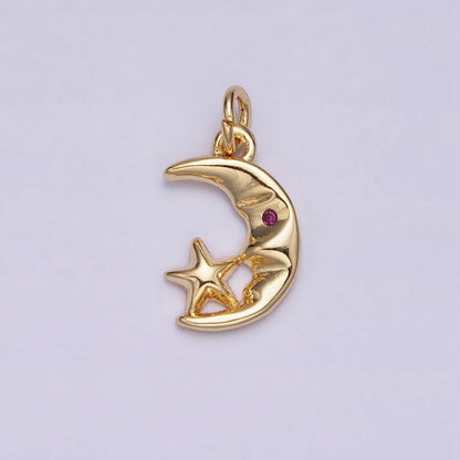 16K Gold Filled Mini CZ Fuchsia-Eyed Moon Face Star Celestial Add-On Charm | AC1161