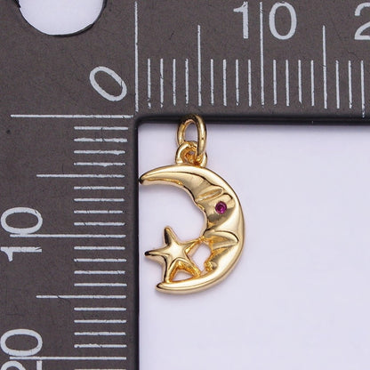 16K Gold Filled Mini CZ Fuchsia-Eyed Moon Face Star Celestial Add-On Charm | AC1161
