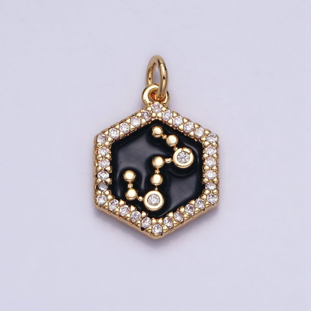 16K Gold Filled Mini Zodiac Sign Birth Star Constellation Black Enamel Hexagonal Hammered Add-On Charm | A-A1397-A-A1402