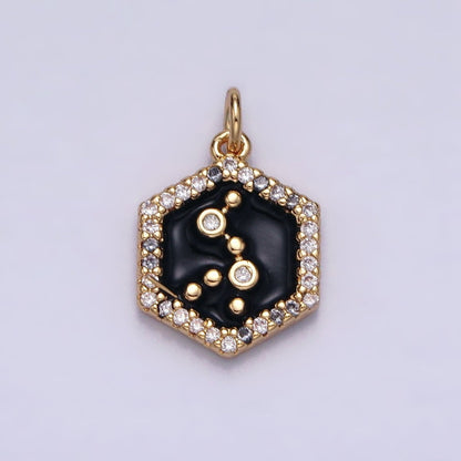 16K Gold Filled Mini Zodiac Sign Birth Star Constellation Black Enamel Hexagonal Hammered Add-On Charm | A-A1397-A-A1402
