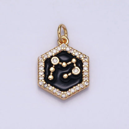 16K Gold Filled Mini Zodiac Sign Birth Star Constellation Black Enamel Hexagonal Hammered Add-On Charm | A-A1397-A-A1402