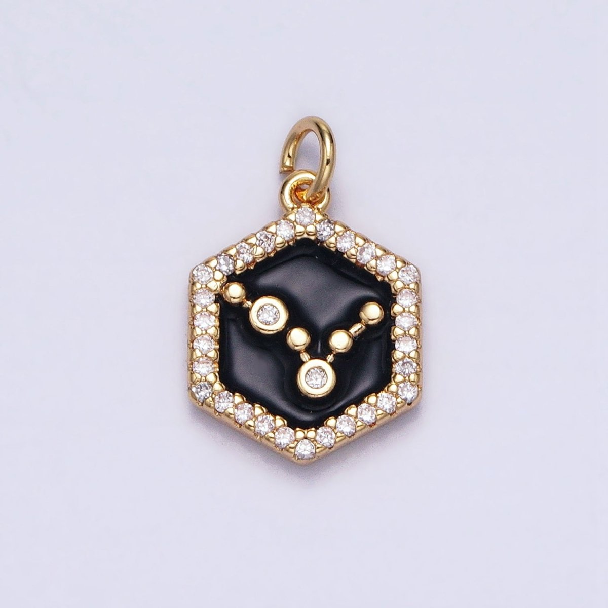 16K Gold Filled Mini Zodiac Sign Birth Star Constellation Black Enamel Hexagonal Hammered Add-On Charm | A-A1397-A-A1402