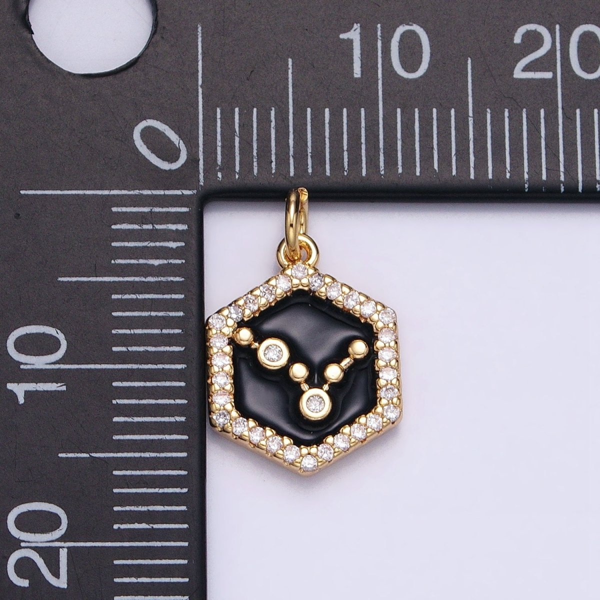 16K Gold Filled Mini Zodiac Sign Birth Star Constellation Black Enamel Hexagonal Hammered Add-On Charm | A-A1397-A-A1402