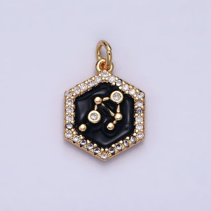 16K Gold Filled Mini Zodiac Sign Birth Star Constellation Black Enamel Hexagonal Hammered Add-On Charm | A-A1397-A-A1402