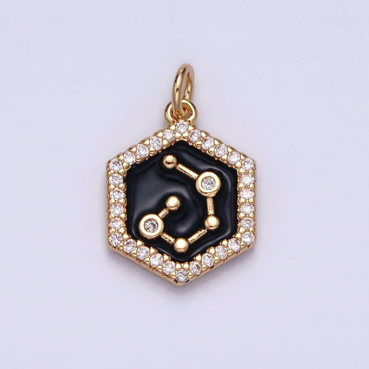 16K Gold Filled Mini Zodiac Sign Birth Star Constellation Black Enamel Hexagonal Hammered Add-On Charm | A-A1397-A-A1402