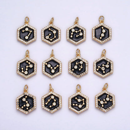 16K Gold Filled Mini Zodiac Sign Birth Star Constellation Black Enamel Hexagonal Hammered Add-On Charm | A-A1397-A-A1402