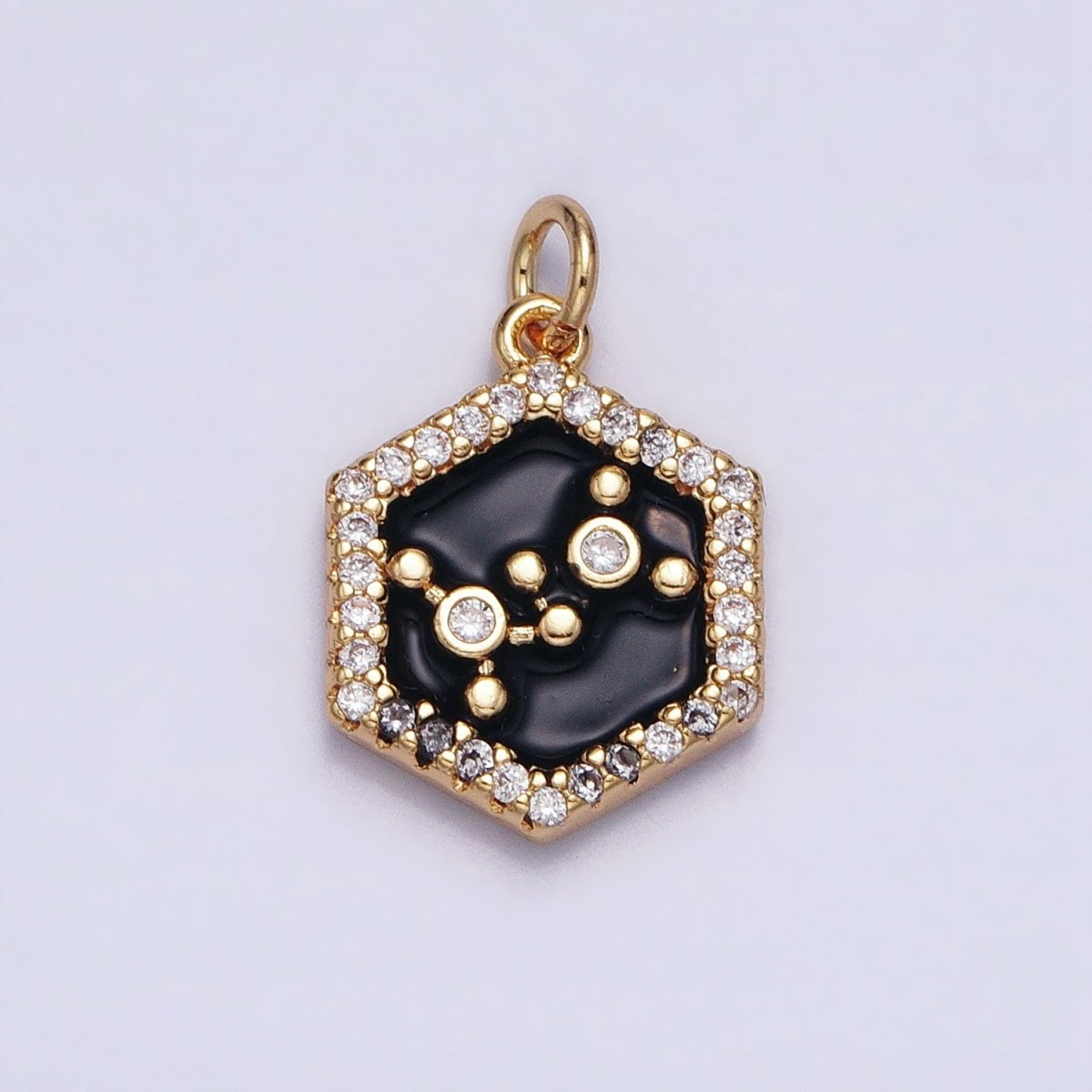 16K Gold Filled Mini Zodiac Sign Birth Star Constellation Black Enamel Hexagonal Hammered Add-On Charm | A-A1397-A-A1402