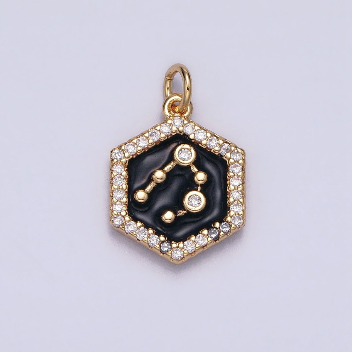 16K Gold Filled Mini Zodiac Sign Birth Star Constellation Black Enamel Hexagonal Hammered Add-On Charm | A-A1397-A-A1402