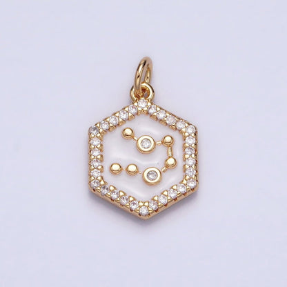 16K Gold Filled Mini Zodiac Sign Birth Star Constellation White Enamel Hexagonal Hammered Add-On Charm | A-A1391-A-A1396