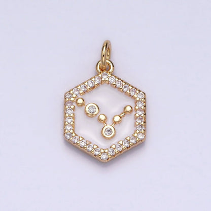 16K Gold Filled Mini Zodiac Sign Birth Star Constellation White Enamel Hexagonal Hammered Add-On Charm | A-A1391-A-A1396