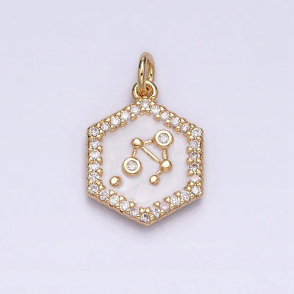 16K Gold Filled Mini Zodiac Sign Birth Star Constellation White Enamel Hexagonal Hammered Add-On Charm | A-A1391-A-A1396