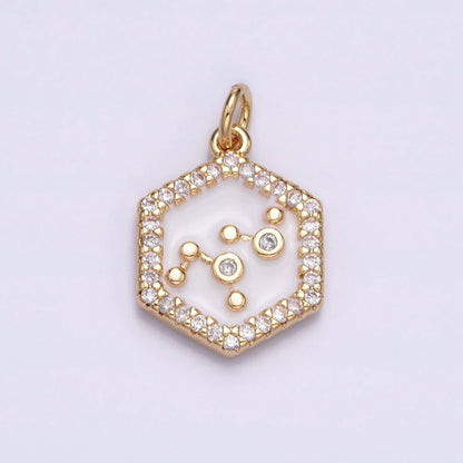 16K Gold Filled Mini Zodiac Sign Birth Star Constellation White Enamel Hexagonal Hammered Add-On Charm | A-A1391-A-A1396
