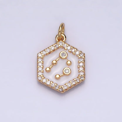 16K Gold Filled Mini Zodiac Sign Birth Star Constellation White Enamel Hexagonal Hammered Add-On Charm | A-A1391-A-A1396