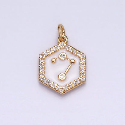 16K Gold Filled Mini Zodiac Sign Birth Star Constellation White Enamel Hexagonal Hammered Add-On Charm | A-A1391-A-A1396