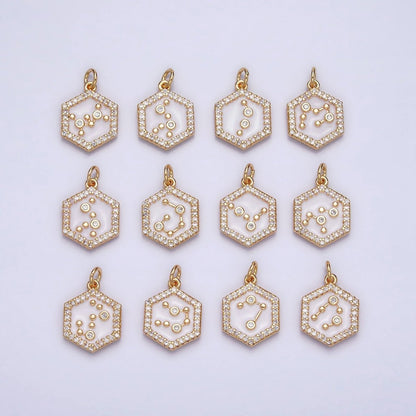 16K Gold Filled Mini Zodiac Sign Birth Star Constellation White Enamel Hexagonal Hammered Add-On Charm | A-A1391-A-A1396