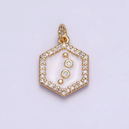 16K Gold Filled Mini Zodiac Sign Birth Star Constellation White Enamel Hexagonal Hammered Add-On Charm | A-A1391-A-A1396