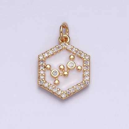 16K Gold Filled Mini Zodiac Sign Birth Star Constellation White Enamel Hexagonal Hammered Add-On Charm | A-A1391-A-A1396
