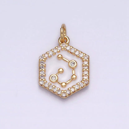 16K Gold Filled Mini Zodiac Sign Birth Star Constellation White Enamel Hexagonal Hammered Add-On Charm | A-A1391-A-A1396