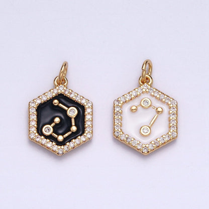 16K Gold Filled Mini Zodiac Sign Birth Star Constellation White Enamel Hexagonal Hammered Add-On Charm | A-A1391-A-A1396
