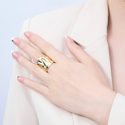 16K Gold Filled Minimalist Hammered Foil Wide Band Ring | Rings-00309