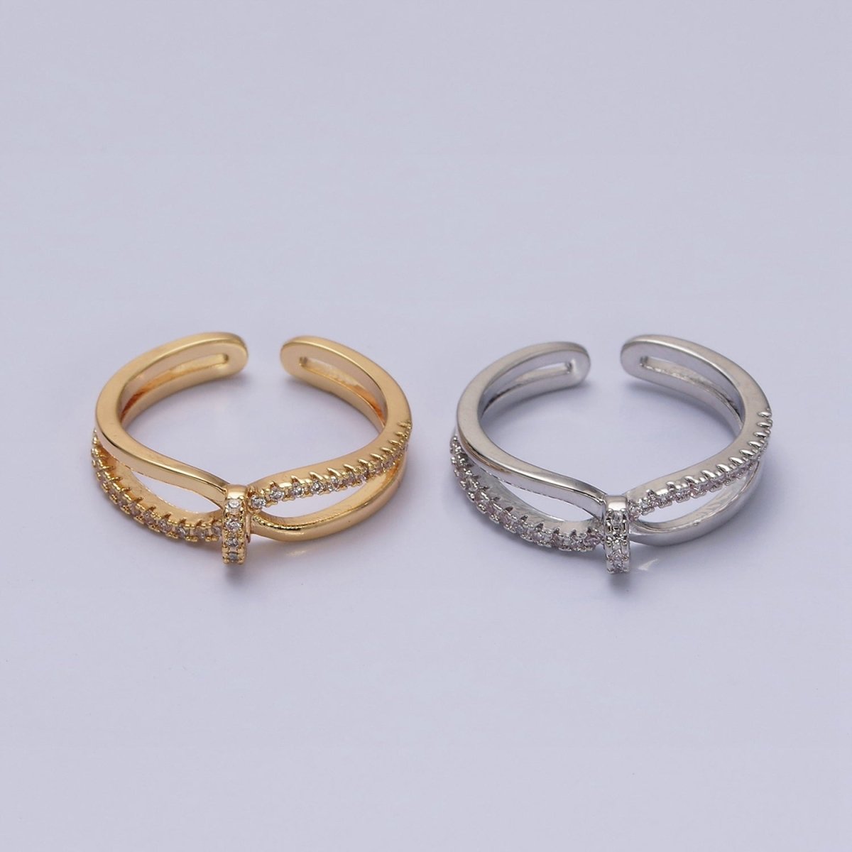 16K Gold Filled Mirco Paved Knot Double Band Ring in Gold &amp; Silver | O-1629 O-1630