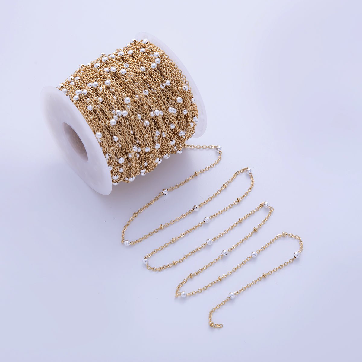 16K Gold Filled 3mm Shell Pearl Satellite Cable Unfinished Chain by Yard | Roll-01579