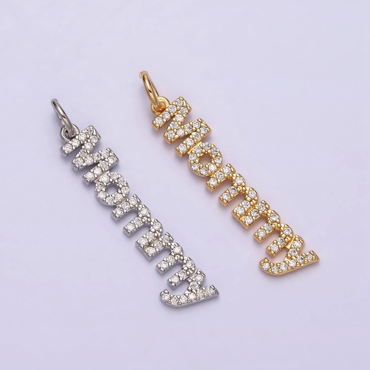 16K Gold Filled "Mommy" Script Micro Paved CZ Add-On Charm in Gold &amp; Silver | AC1369 AC1370