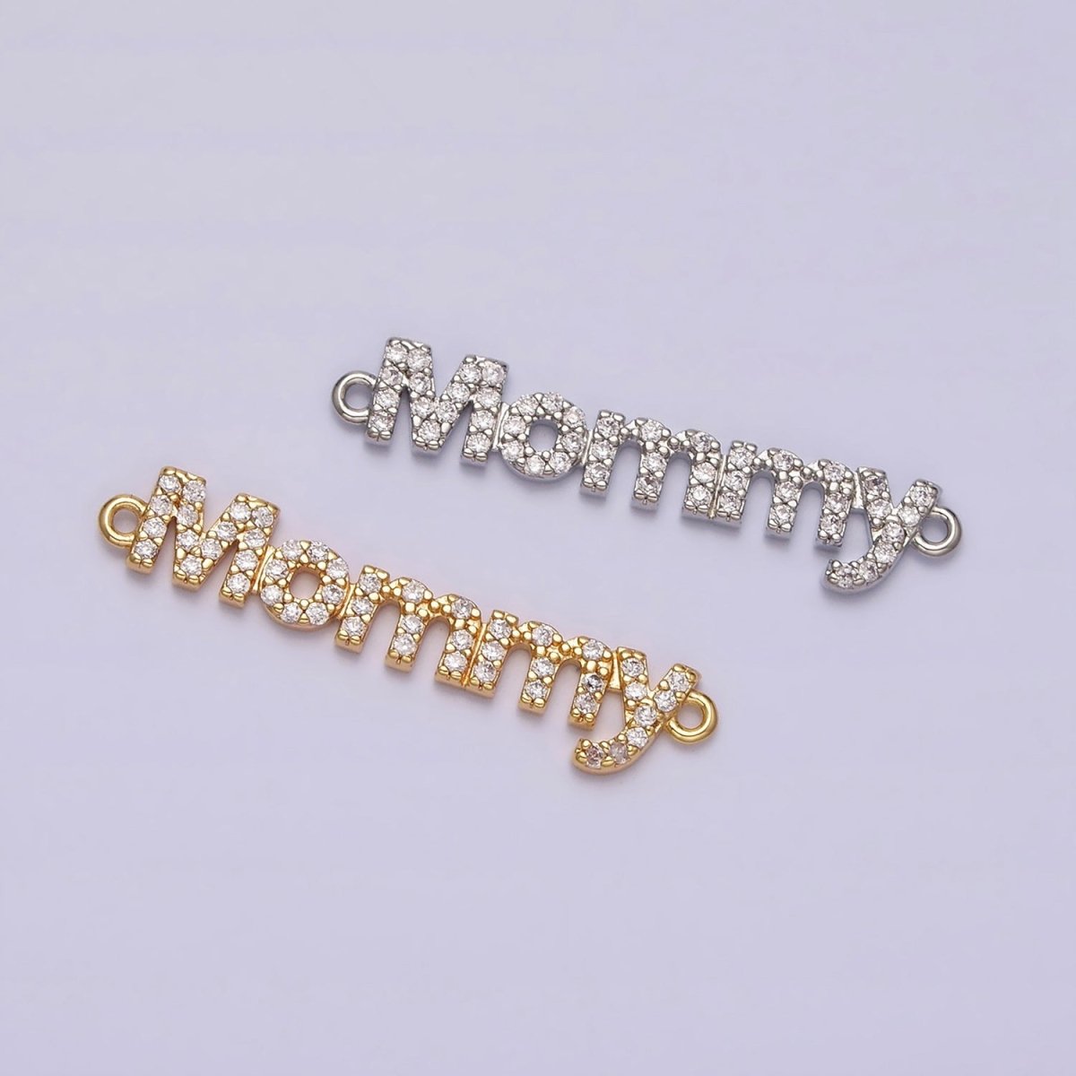 16K Gold Filled Mommy Script Micro Paved CZ Connector in Gold &amp; Silver mama mother day gift | Y-920-Gold