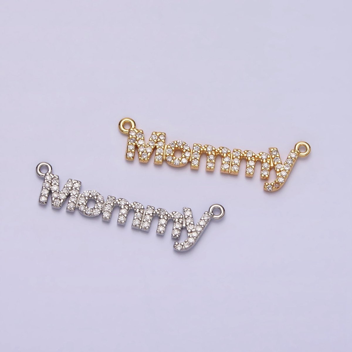 16K Gold Filled Mommy Script Micro Paved CZ Top Loop Connector in Gold &amp; Silver mother day gift idea | Y-919