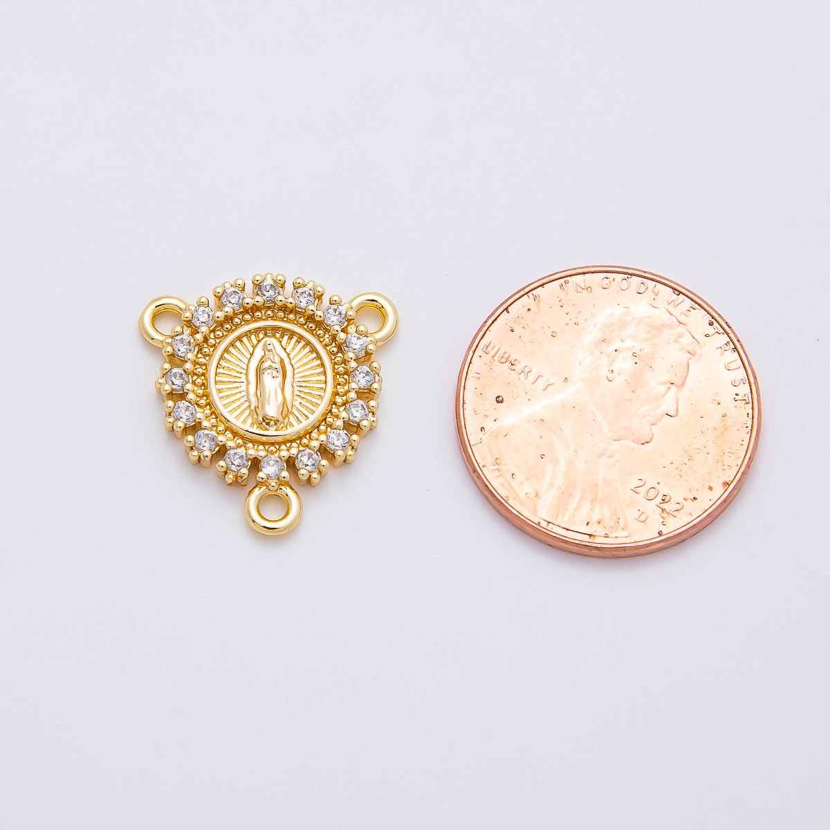 16K Gold Filled 20mm Mother Mary Micro Paved CZ Round Triple Connector in Gold &amp; Silver | Connectors-00026